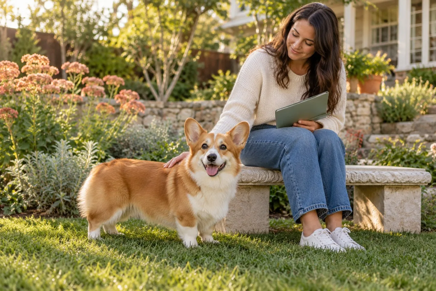Owner seated outdoors beside a dog with a tablet on her lap